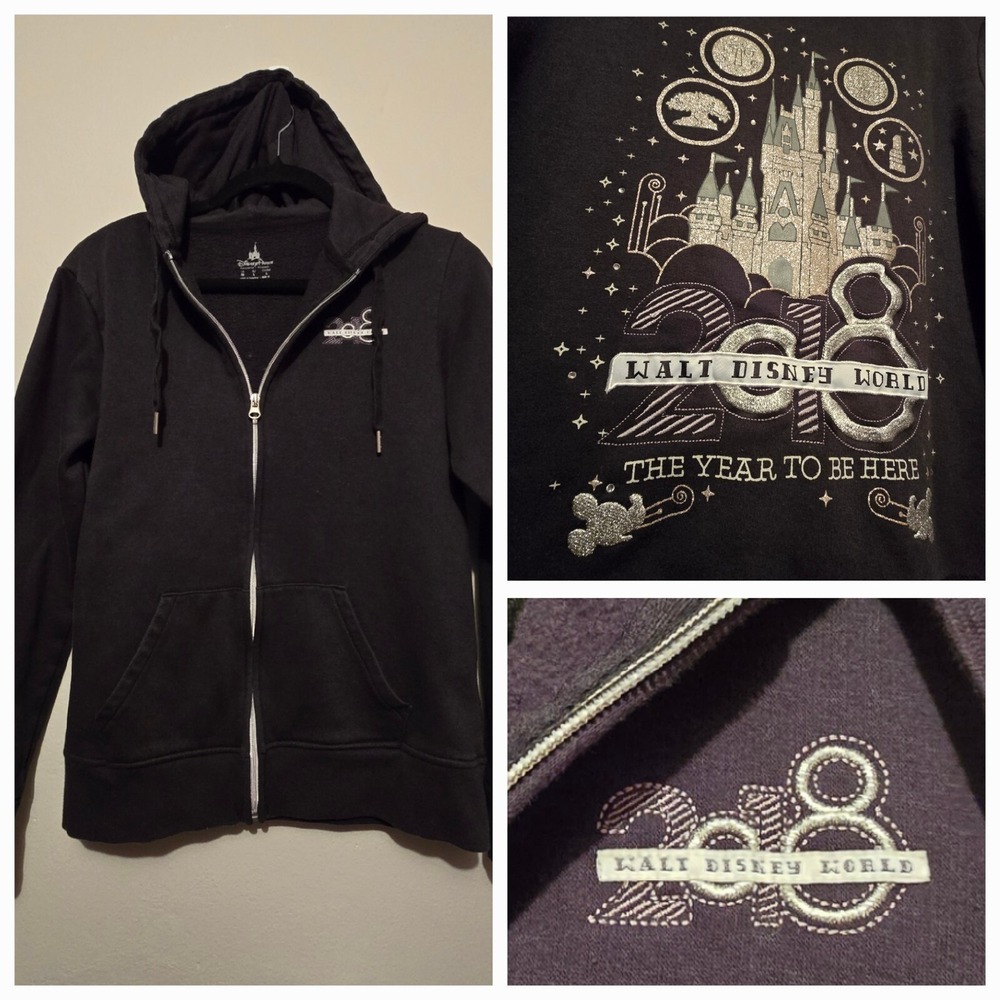 Disneyland Resort‎ 2018 Disney Castle Hoodie Sz MED Zip-up Silver Embroidery 63